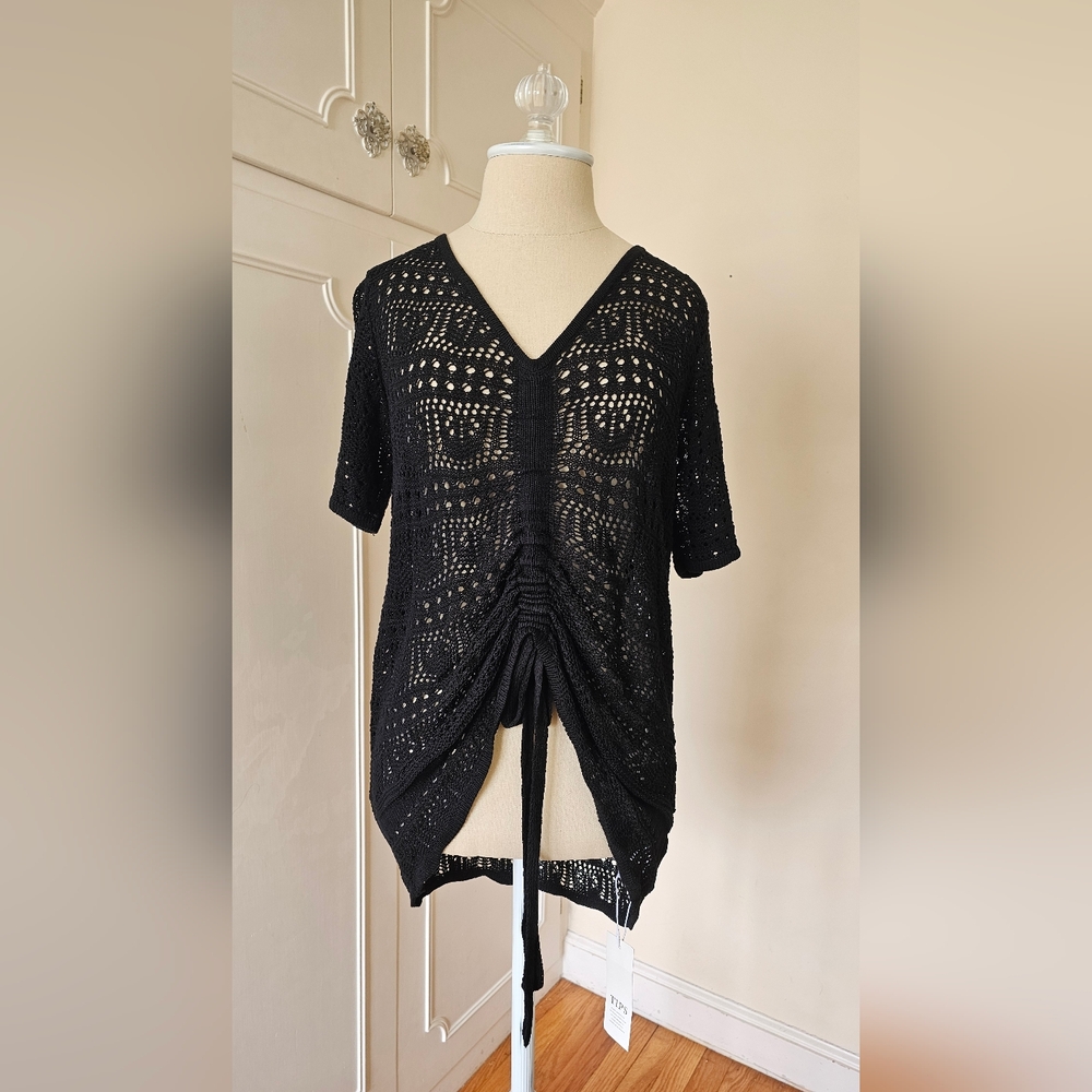 Black Crochet V-Neck Tie-Front Beach Drawstring Sweater Cover-up Top - Medium